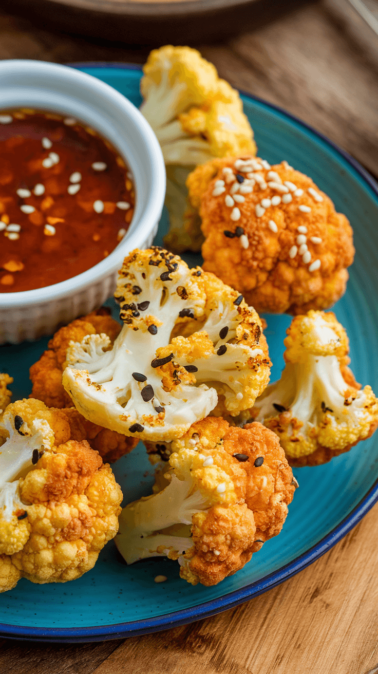 Crispy air fryer cauliflower bites with a dipping sauce