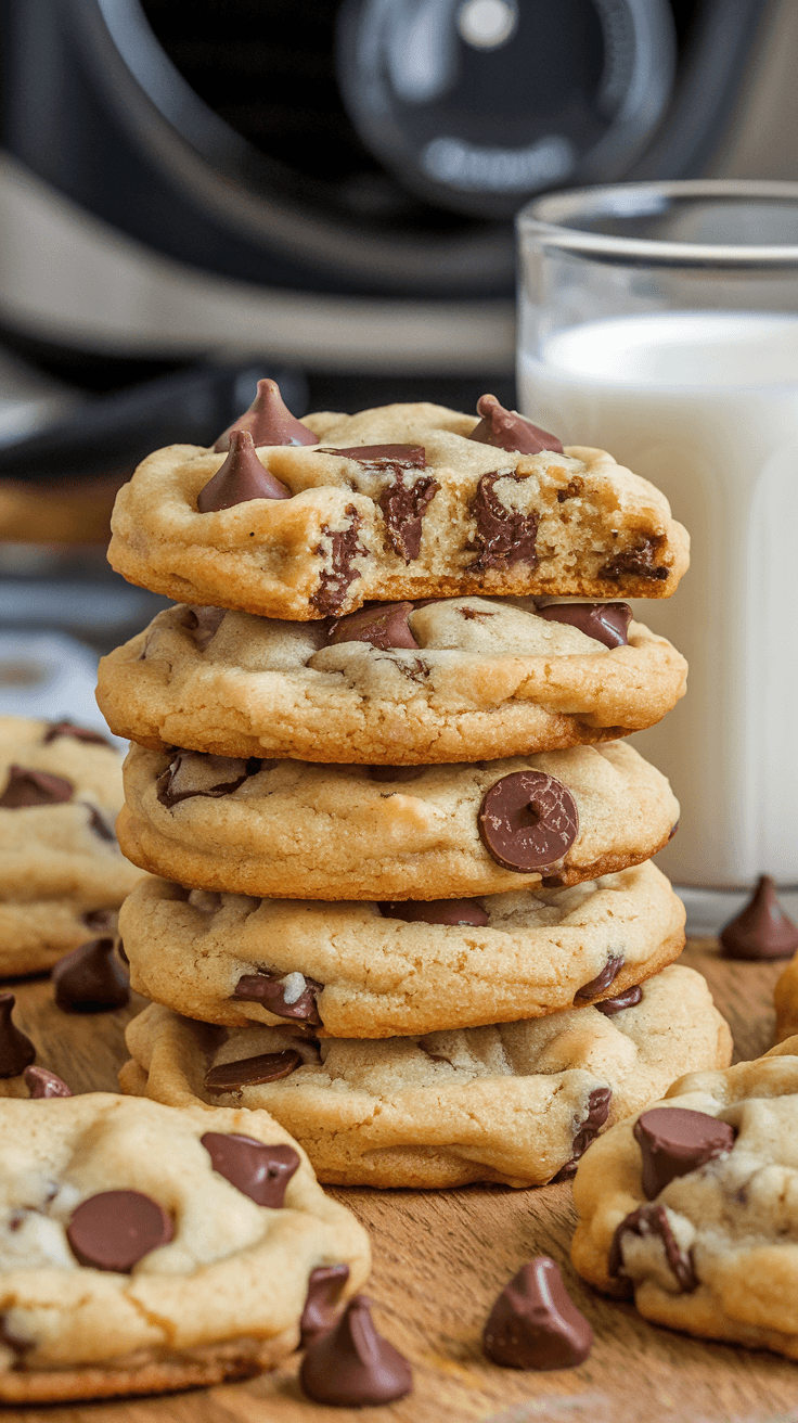 Stack of chocolate chip cookies with melted chocolate, next to a glass of milk.