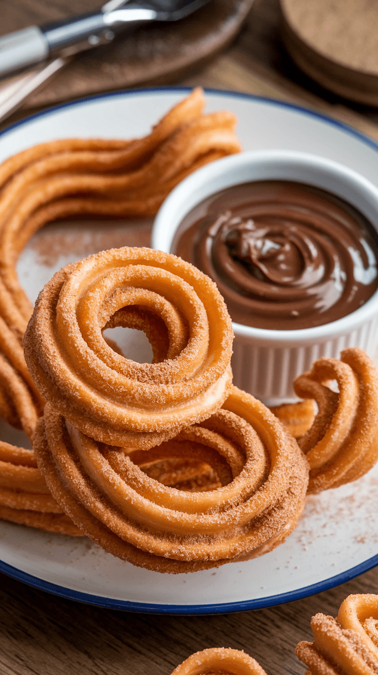 A plate of cinnamon sugar churros with a chocolate dipping sauce