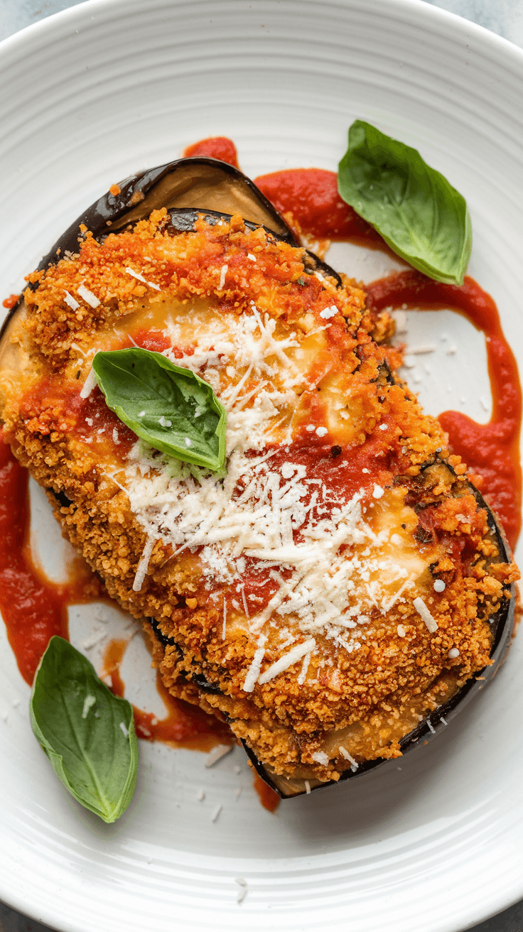 Plate of air fryer eggplant parmesan topped with marinara sauce, cheese, and basil