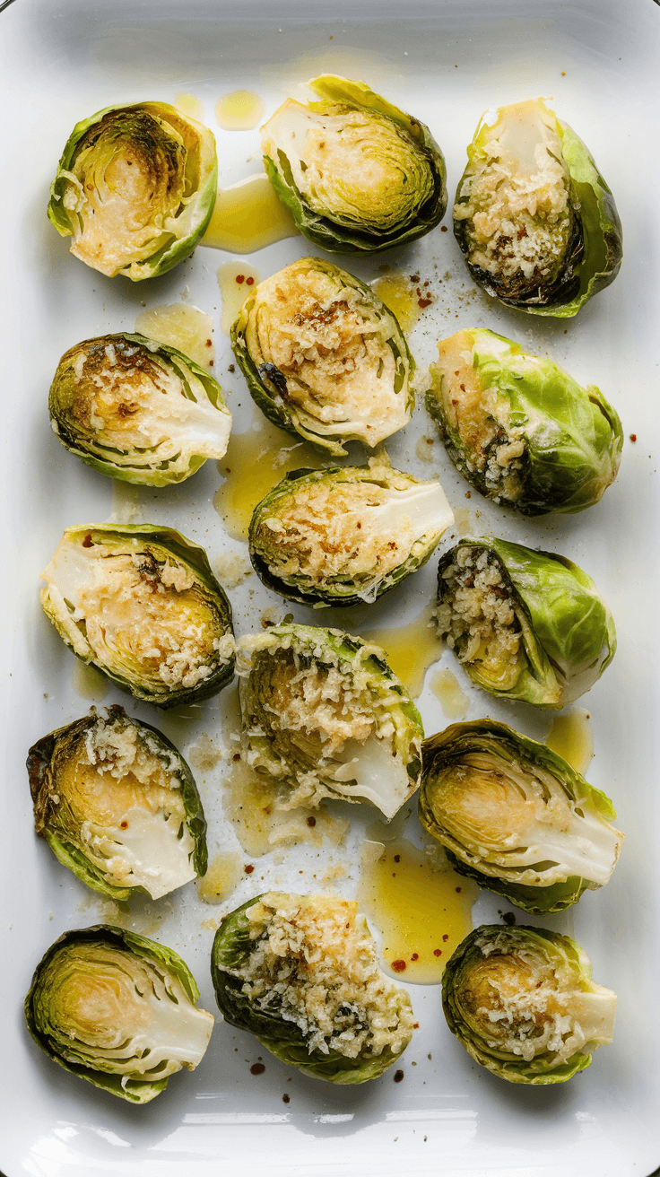 Crispy garlic parmesan Brussels sprouts arranged on a white plate.