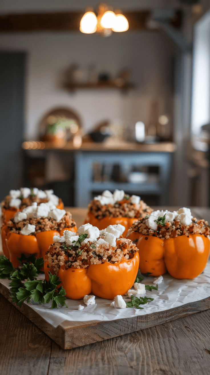 Colorful stuffed peppers filled with quinoa and topped with feta cheese on a wooden table.