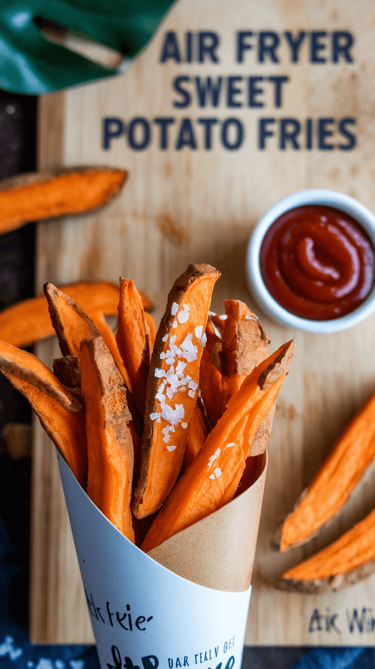 A serving of crispy air fryer sweet potato fries with a side of ketchup.