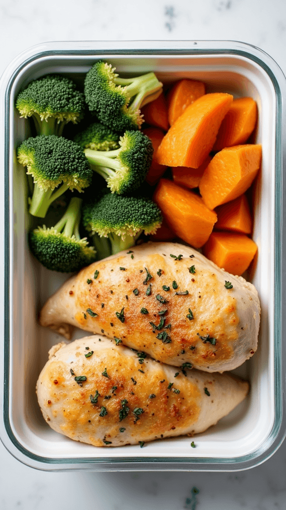 Baked chicken breast with broccoli and roasted carrots in a meal prep container