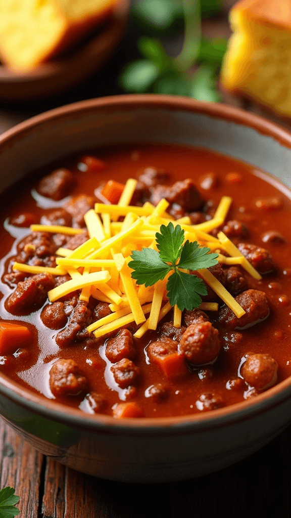A bowl of chili con carne topped with shredded cheese and herbs, with cornbread on the side.