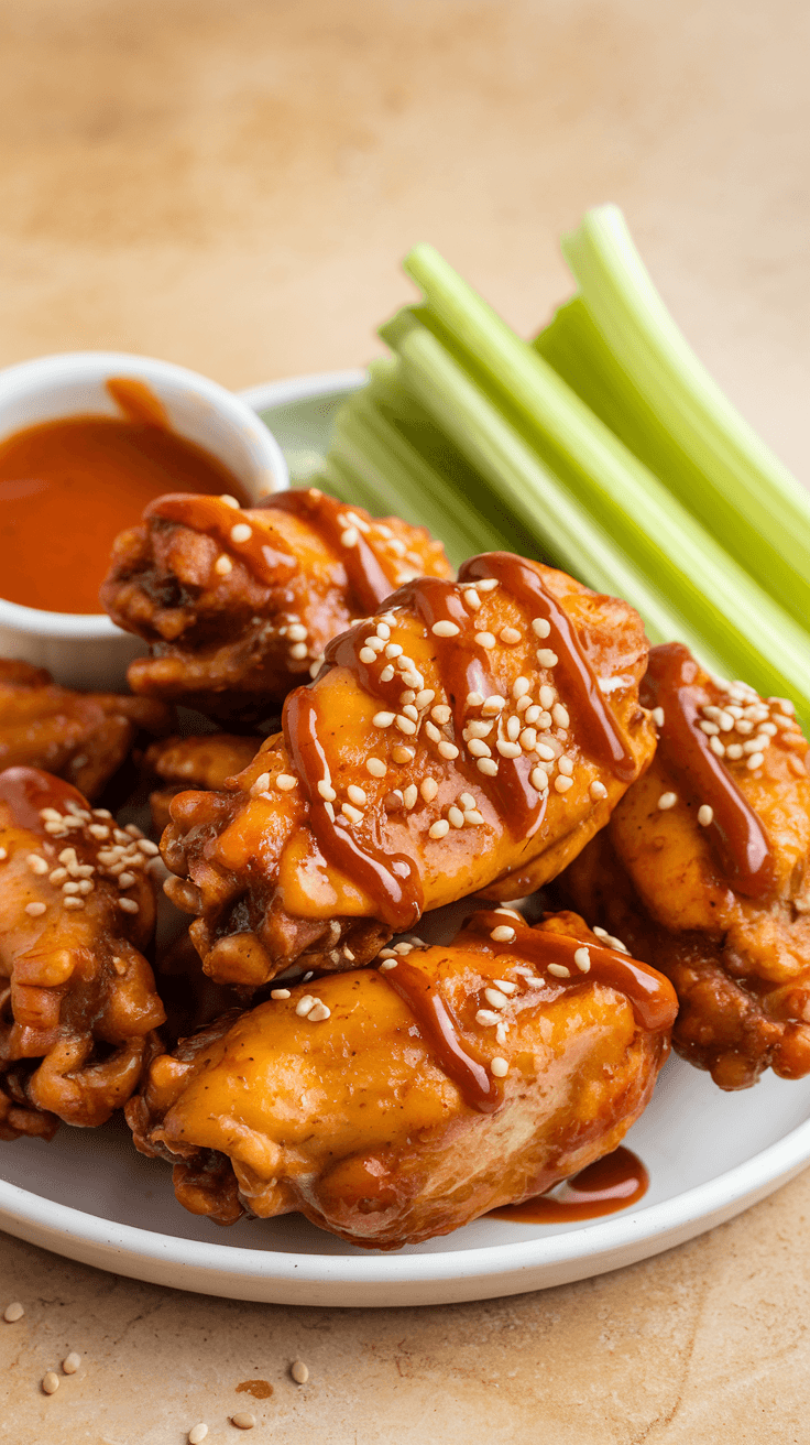 Crispy air fryer chicken wings drizzled with sauce and served with celery.