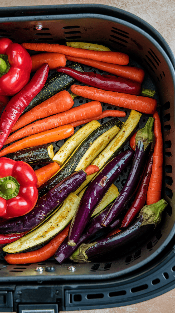 A variety of colorful vegetables in an air fryer basket, including bell peppers, carrots, and zucchini.