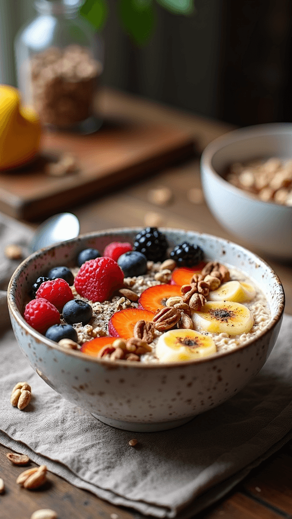 A bowl of overnight oats topped with bananas, berries, and nuts