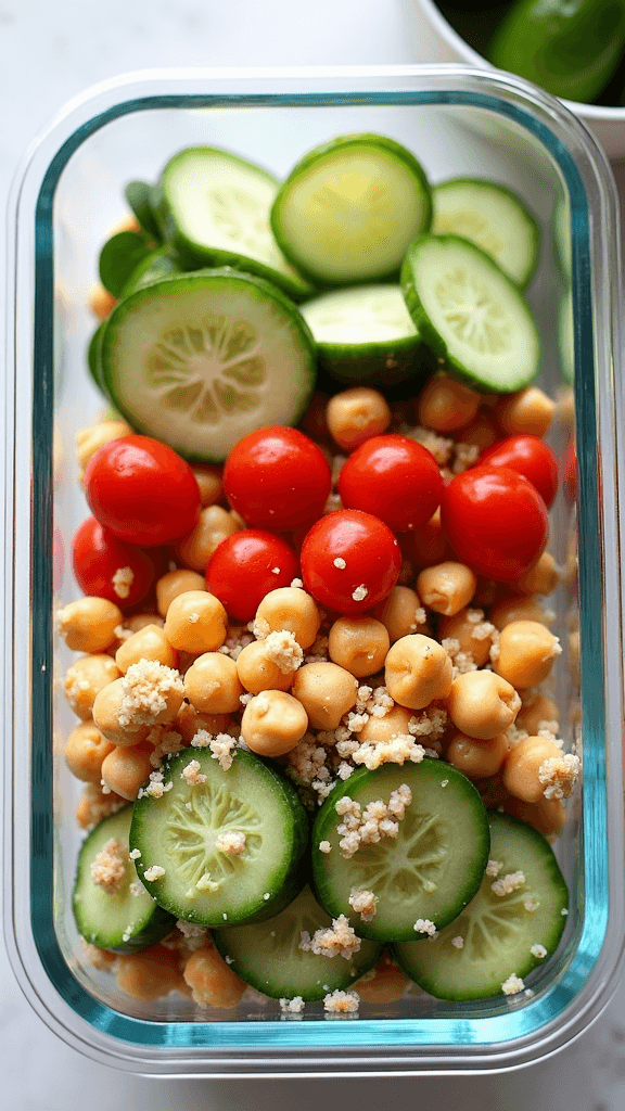 A glass container filled with quinoa salad, chickpeas, cherry tomatoes, and sliced cucumbers.