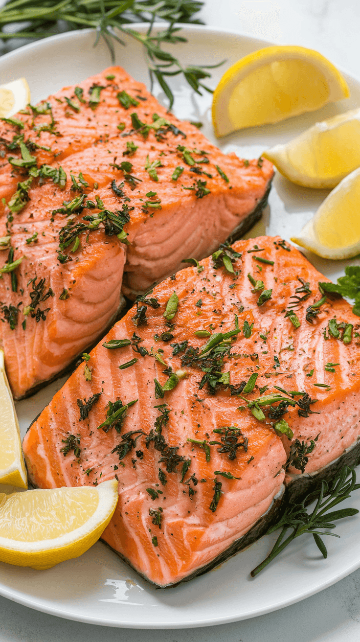 Close-up of air fryer salmon fillets garnished with herbs and lemon slices on a plate.