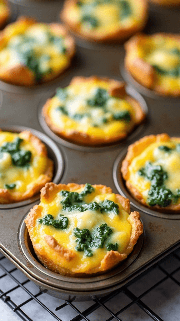 A close-up of golden brown spinach and feta egg muffins in a muffin tin