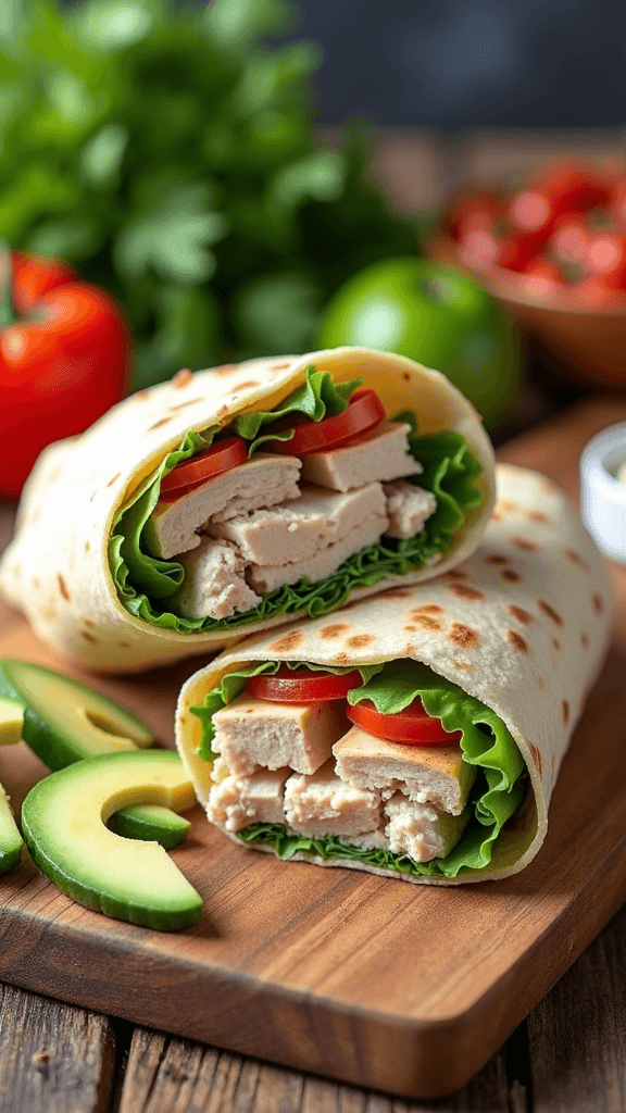 Turkey and avocado wraps on a wooden cutting board with fresh vegetables in the background.