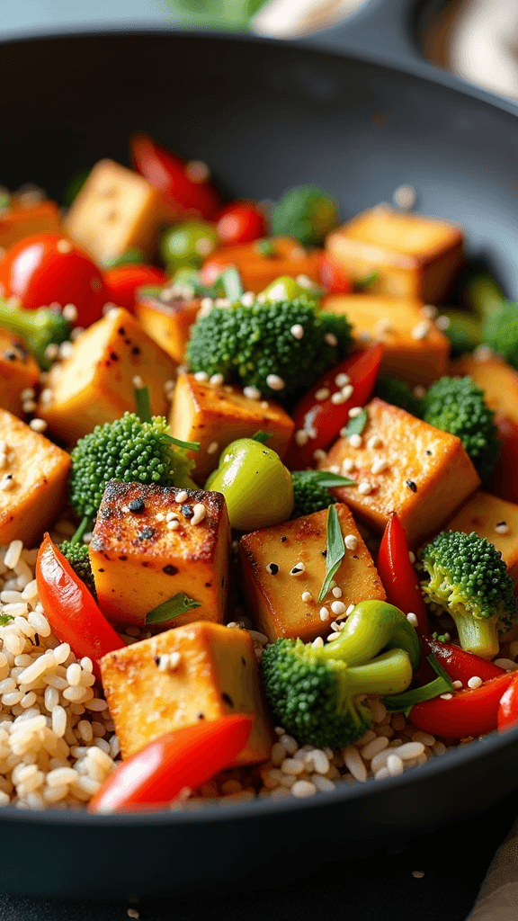 A colorful vegetable stir-fry with tofu, featuring broccoli, bell peppers, and sesame seeds over a bed of rice.