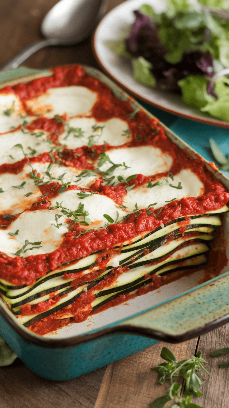 Delicious Low-Carb Zucchini Lasagna Recipe Layered zucchini lasagna with marinara sauce and melted cheese, served in a rustic dish with herbs.