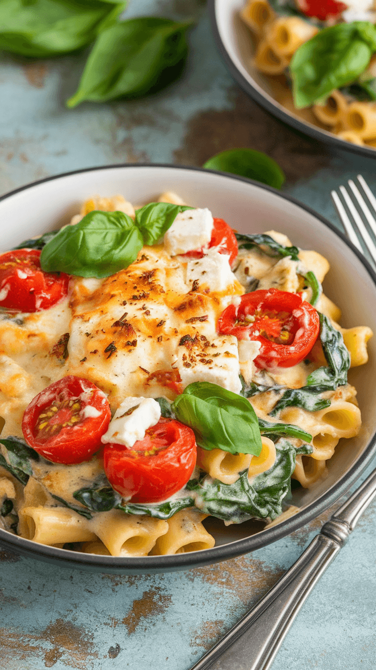 Viral Baked Feta Pasta with Spinach Recipe Baked feta pasta with spinach and cherry tomatoes in a bowl, garnished with basil on a rustic table.