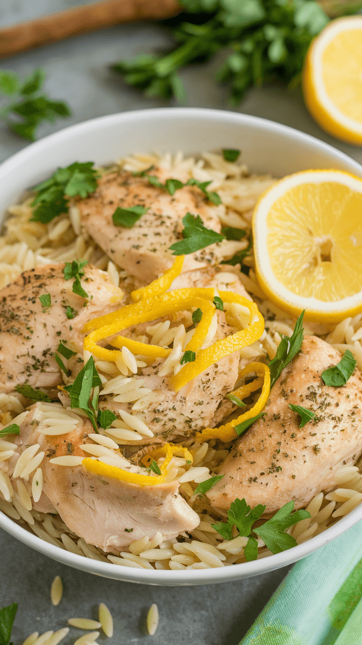 One-Pot Lemon Herb Chicken Orzo Recipe Bowl of Lemon Herb Chicken Orzo with chicken, orzo, and parsley, garnished with lemon, on a rustic kitchen table.