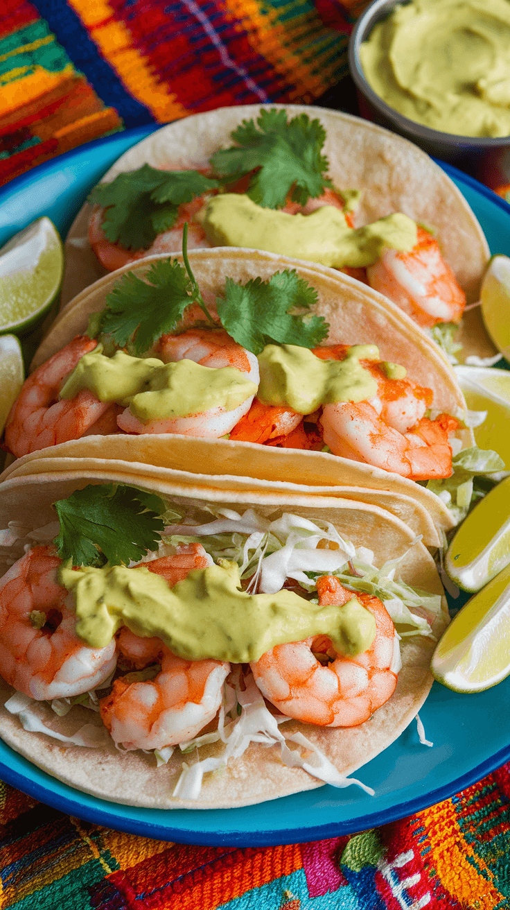 Spicy Shrimp Tacos with Avocado Crema Recipe Spicy shrimp tacos with avocado crema on a colorful plate, garnished with cilantro and lime.