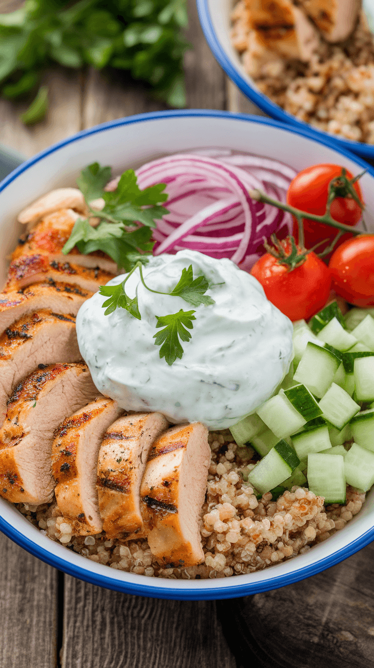 Healthy Greek Chicken Bowls with Tzatziki Sauce Healthy Greek chicken bowls with tzatziki sauce, quinoa, cucumbers, tomatoes, and parsley on a rustic table.