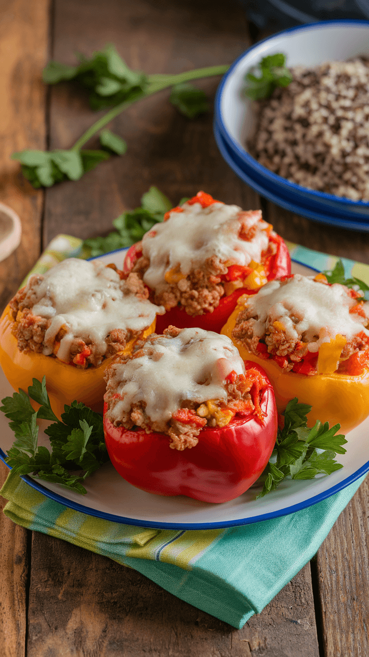 Healthy Stuffed Bell Peppers with Ground Turkey Stuffed bell peppers with ground turkey on a wooden table, garnished with parsley.