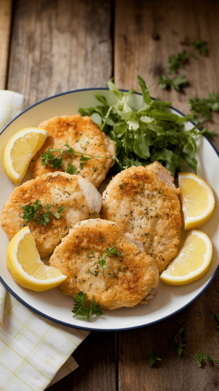 Crispy Lemon Parmesan Chicken Cutlets Crispy lemon Parmesan chicken cutlets plated with lemon wedges and parsley on a rustic table.