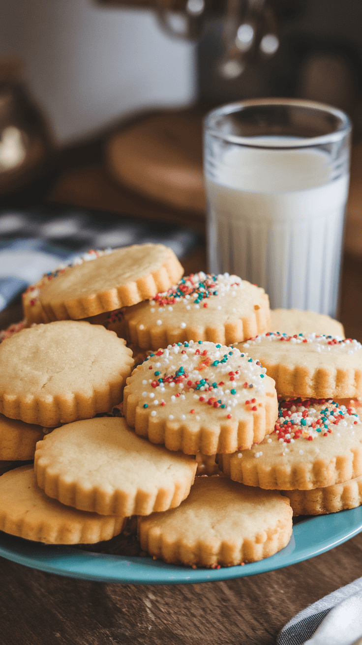 Classic Sugar Cookie Recipe A plate of golden sugar cookies, some with colorful sugar, next to a glass of milk.