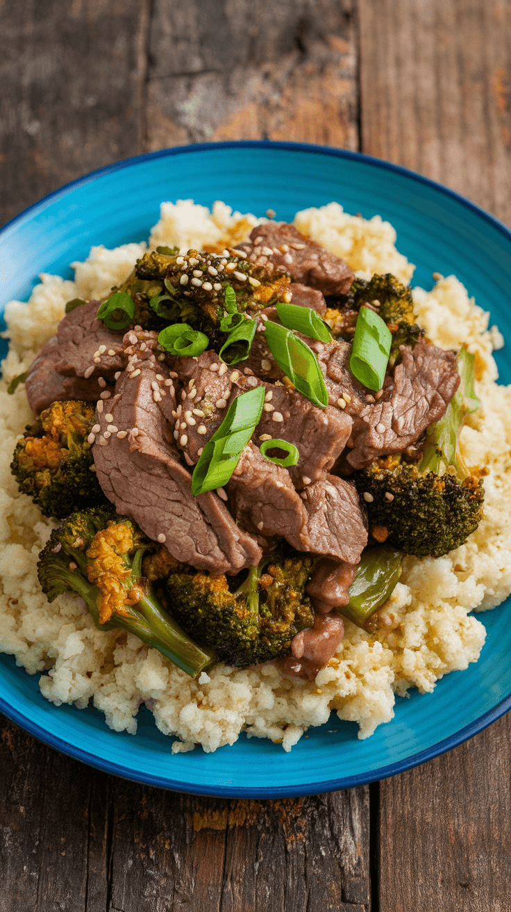 A vibrant dish of beef and broccoli stir-fry served on cauliflower rice, garnished with green onions and sesame seeds.
