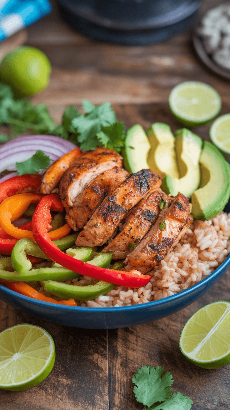 A bowl filled with sliced chili lime chicken, colorful bell peppers, avocado, and rice, garnished with lime and cilantro.