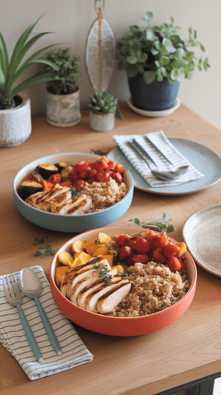 Two meal prep bowls with grilled chicken, quinoa, and assorted vegetables on a wooden table.