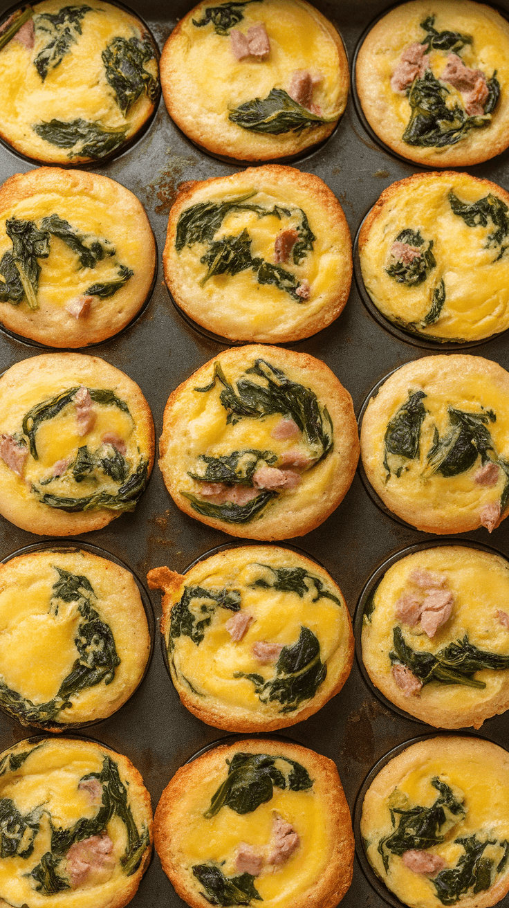 Turkey and Spinach High-Protein Egg Muffins Turkey and Spinach Egg Muffins on a tray, golden and fluffy with fresh spinach.