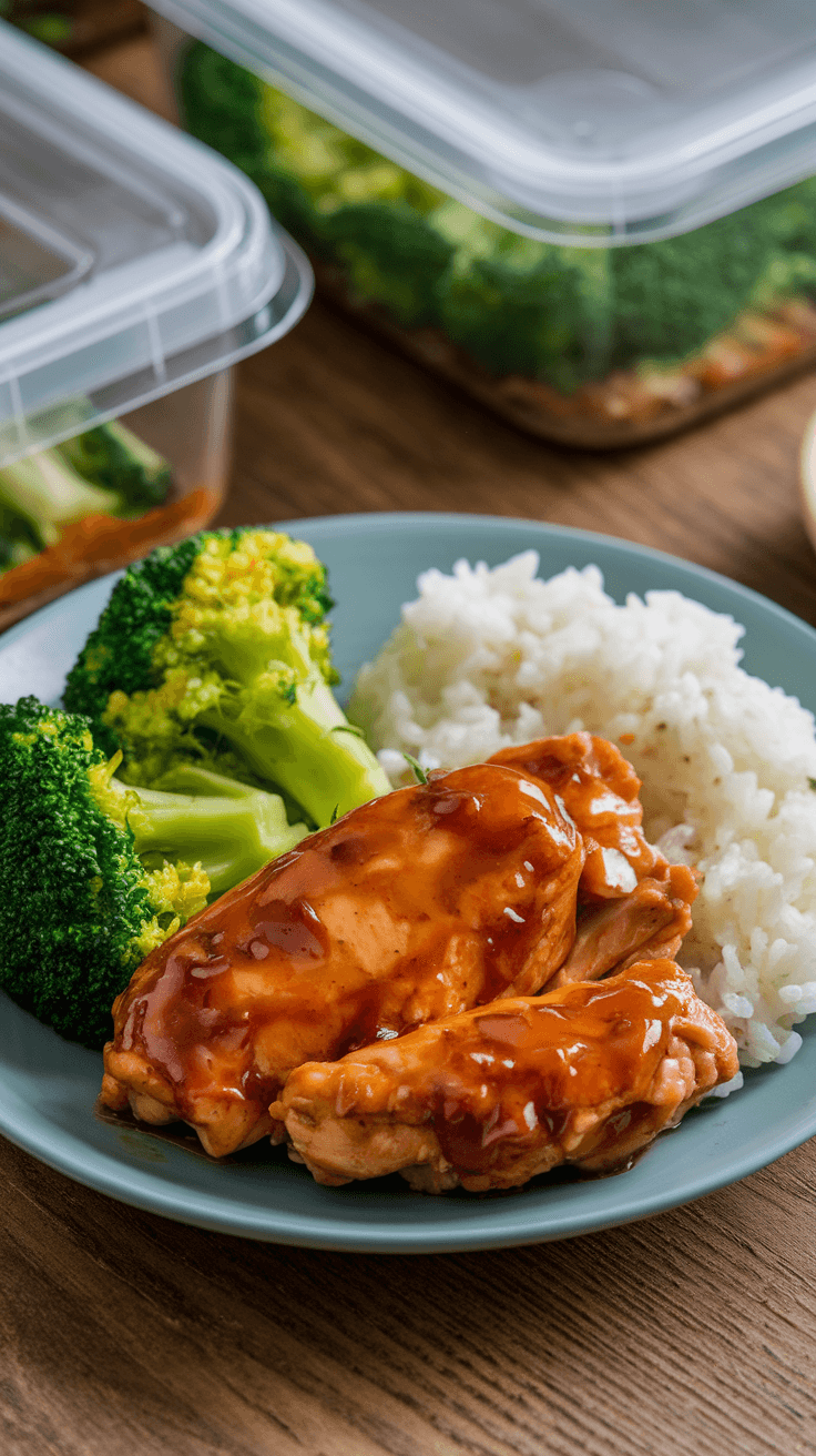 Plate of teriyaki chicken with steamed broccoli and rice