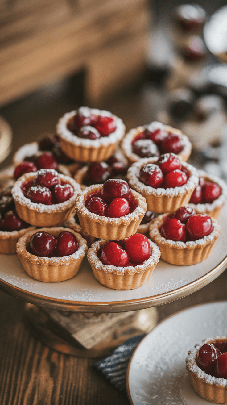 Delightful Mini Cherry Tart Recipe Mini cherry tarts with flaky crust and cherry filling, dusted with powdered sugar on a rustic table.