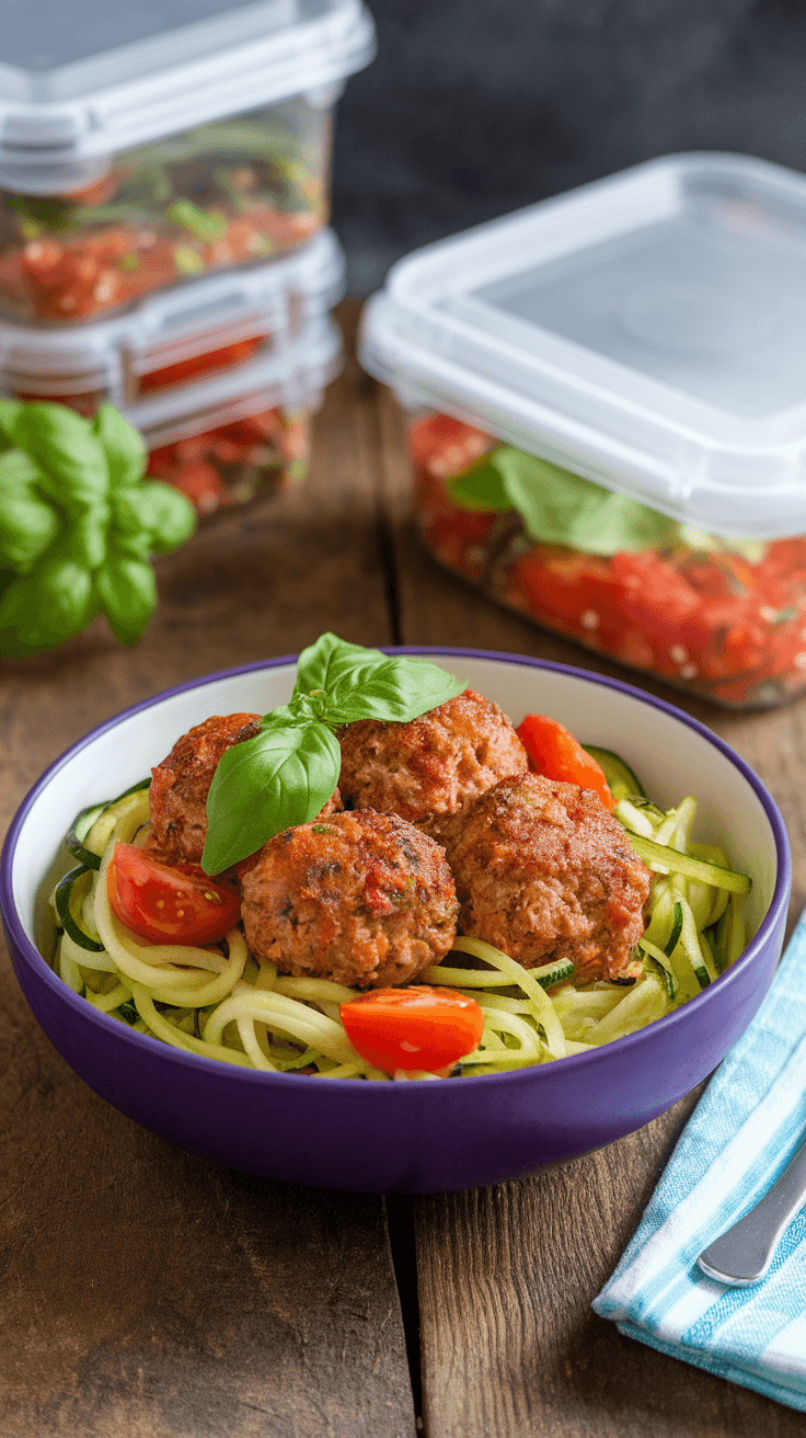 A bowl of turkey meatballs on a bed of zucchini noodles, garnished with cherry tomatoes and basil, with meal prep containers in the background.