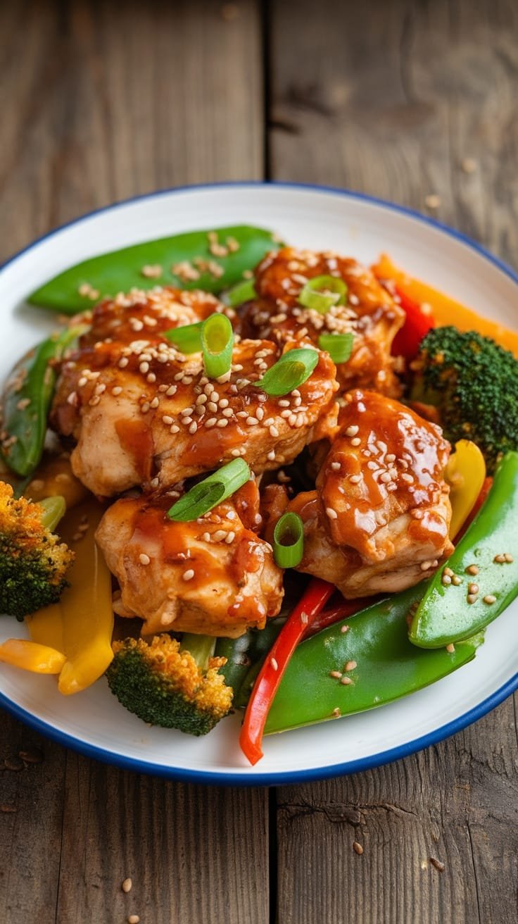 Healthy Sesame Chicken: A High-Protein Comfort Food A healthy sesame chicken dish with colorful vegetables and sesame seeds on a rustic table.