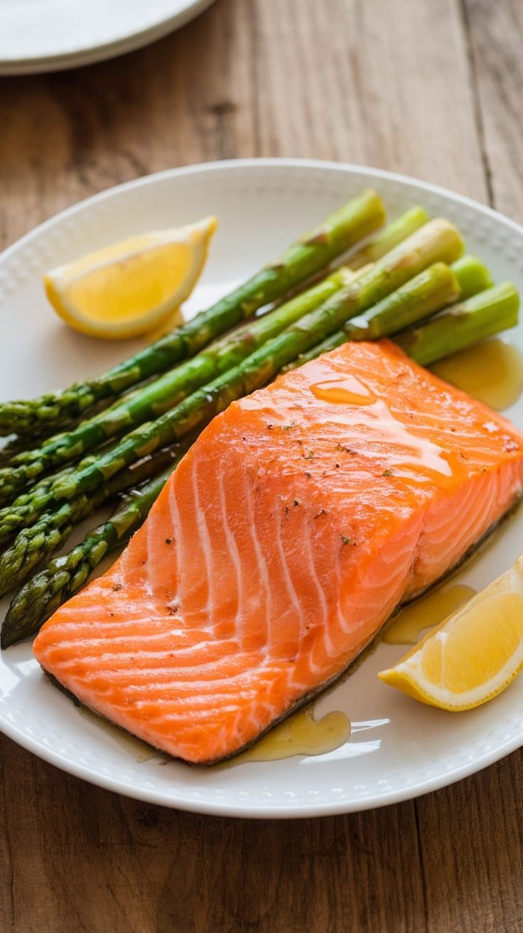 Honey Glazed Salmon and Asparagus Sheet Pan Dinner Honey glazed salmon and asparagus on a rustic table, garnished with lemon wedges.