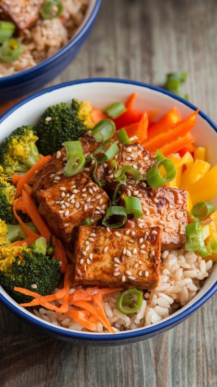 Delicious Sesame Ginger Tofu Bowls Sesame ginger tofu bowl with brown rice, broccoli, and colorful vegetables, garnished with green onions and sesame seeds.