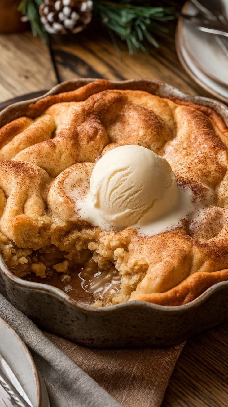 Gooey Snickerdoodle Cobbler Recipe Warm snickerdoodle cobbler with cinnamon sugar topping and vanilla ice cream on a rustic table.