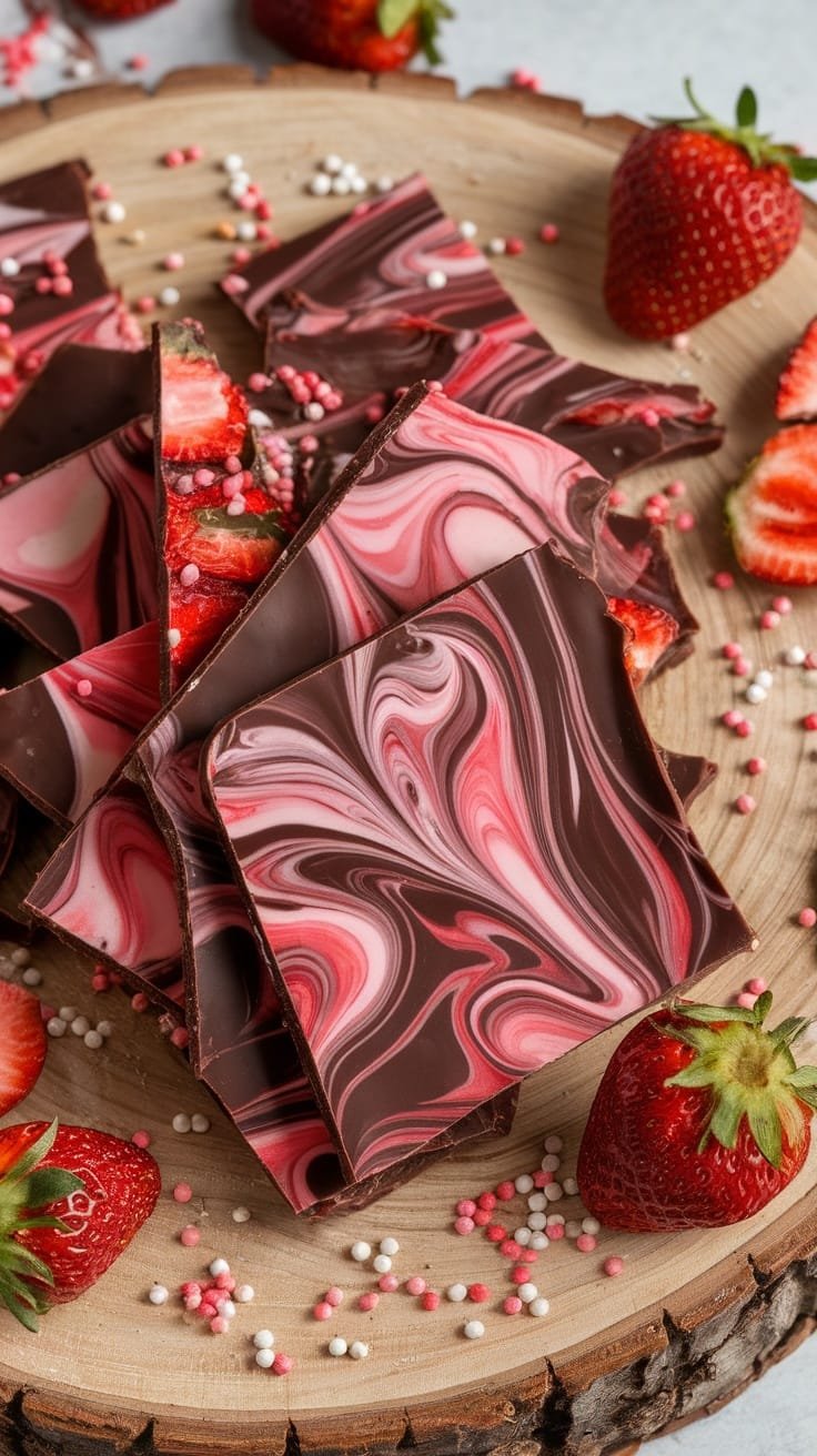 Chocolate Bark with Strawberry Swirls Recipe Chocolate bark with strawberry swirls on a wooden board, decorated with sprinkles and freeze-dried strawberries.