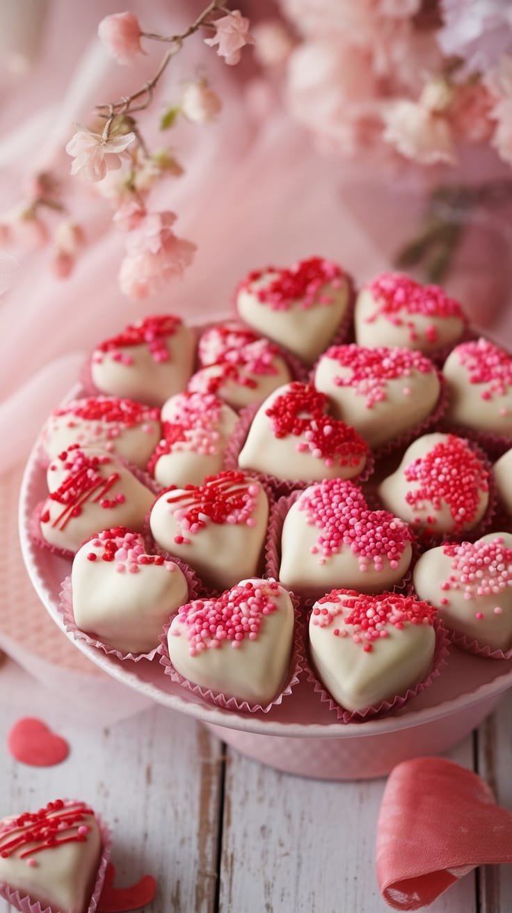 Romantic Strawberry Chocolate Truffle Hearts A platter of heart-shaped strawberry chocolate truffles coated in white chocolate and sprinkles, perfect for Valentine