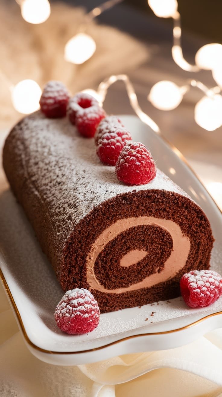 Velvety Chocolate Cake Roll with Creamy Ganache Filling Chocolate cake roll with creamy ganache filling, sliced and garnished with raspberries on a white plate.