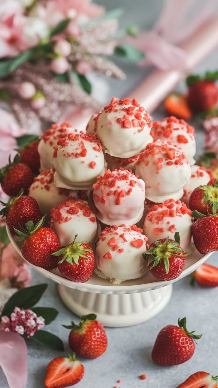 Decadent Strawberry Cake Truffles Recipe A plate of strawberry cake truffles coated in white chocolate and garnished with crushed strawberries, ideal for festive celebrations.
