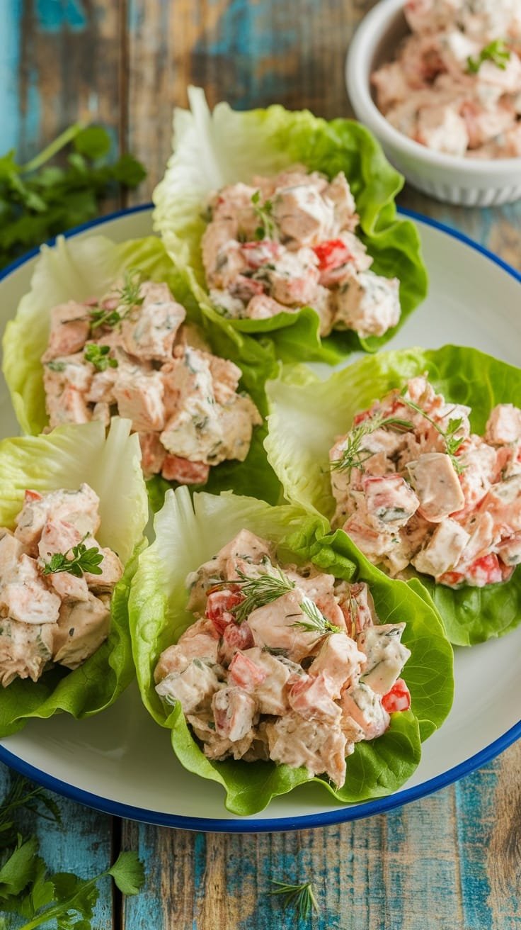 Healthy Greek Yogurt Chicken Salad Lettuce Wraps Healthy Greek Yogurt Chicken Salad Lettuce Wraps on a platter, garnished with herbs.