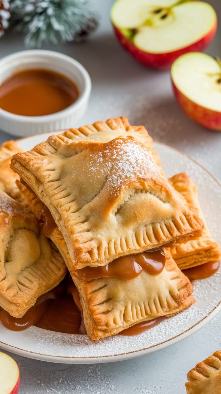 Delicious Caramel Apple Hand Pies Recipe Freshly baked caramel apple hand pies on a plate with powdered sugar, caramel sauce, and apple slices.