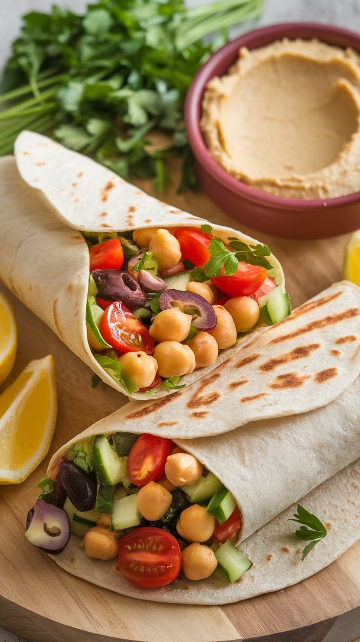 Mediterranean Chickpea Salad Wraps Recipe Mediterranean chickpea salad wrap with colorful vegetables and hummus on a wooden board.