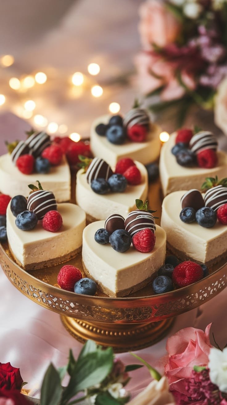 Delightful Heart-Shaped Mini Cheesecakes Heart-shaped mini cheesecakes with chocolate-covered strawberries on a decorative platter.