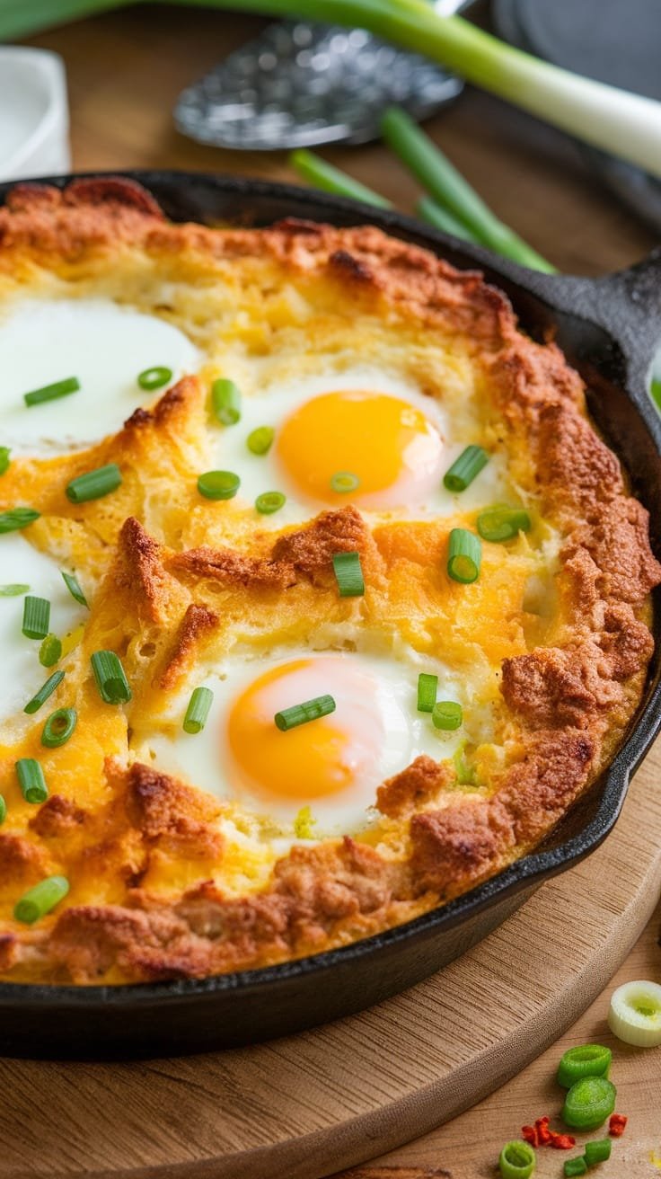 Baked Egg and Sausage Casserole with green onions on top