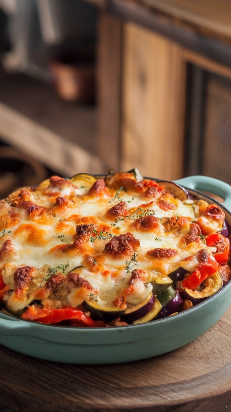 A delicious baked ratatouille with a golden cheese topping.