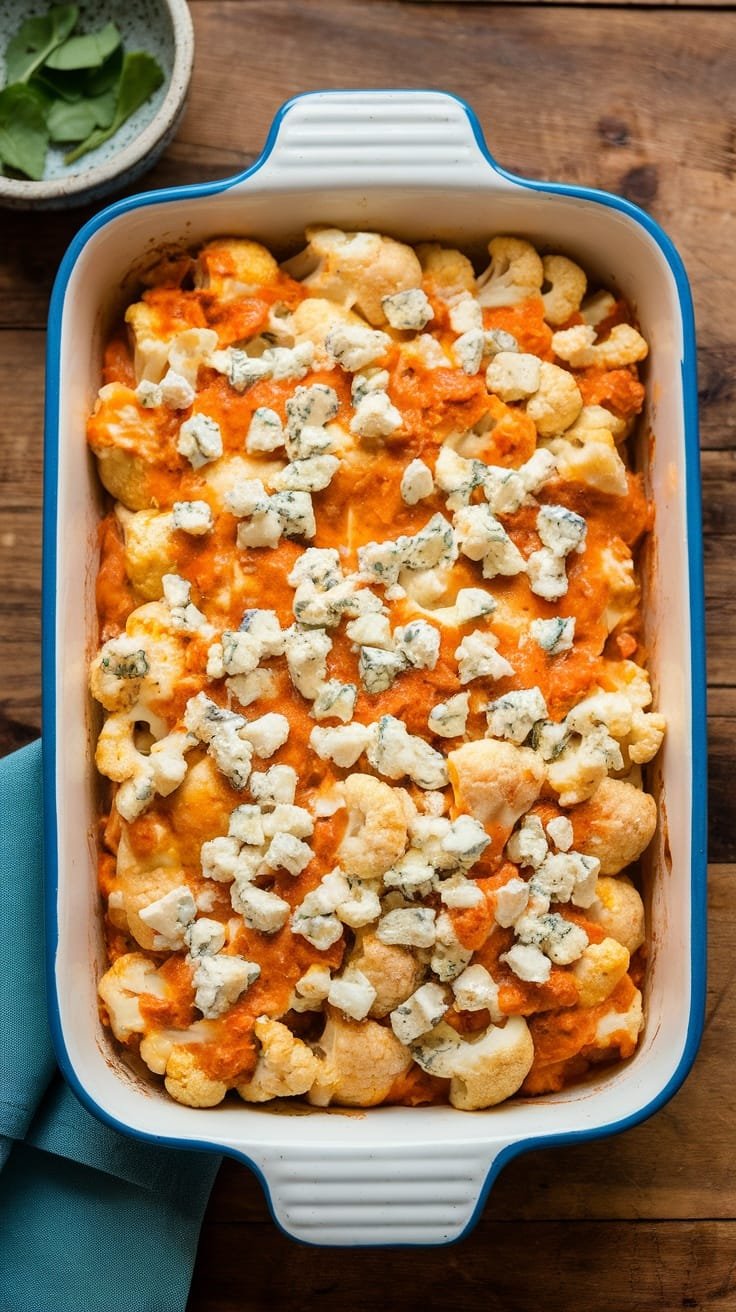 Buffalo Chicken Cauliflower Casserole served in a dish