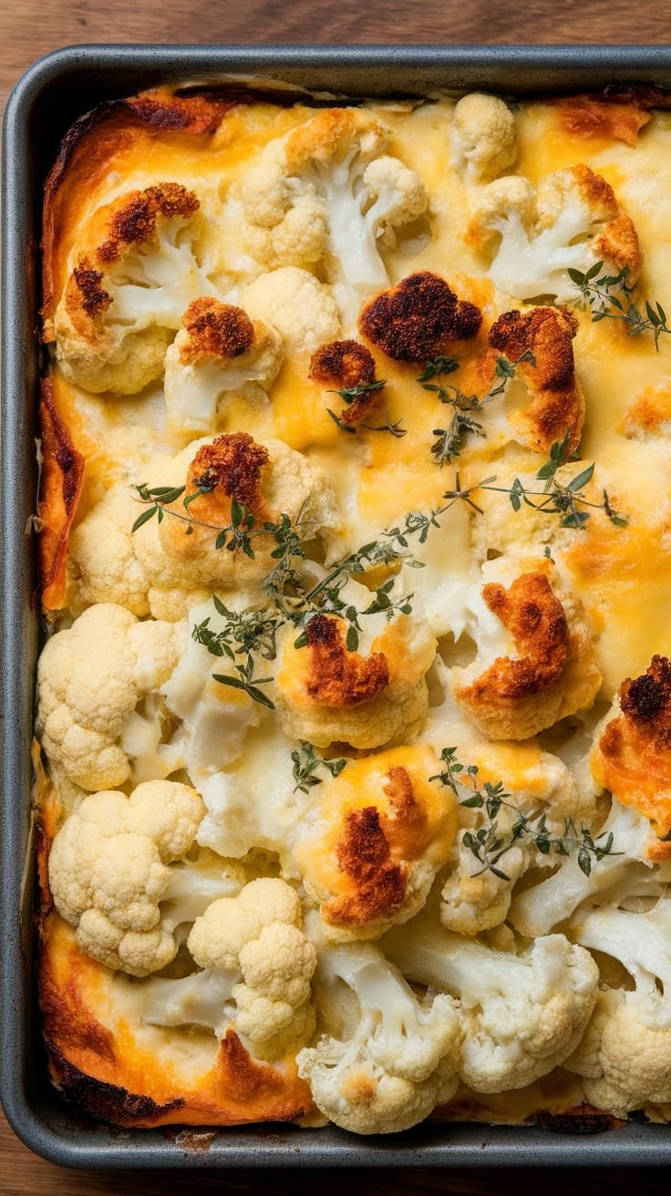 A delicious cauliflower and cheese bake topped with fresh herbs
