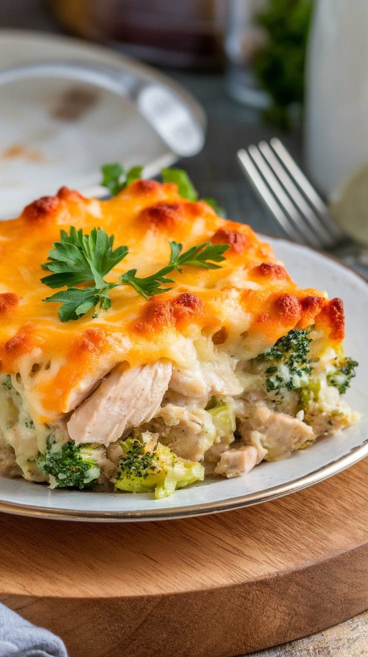 Cheesy Chicken and Broccoli Bake served on a plate