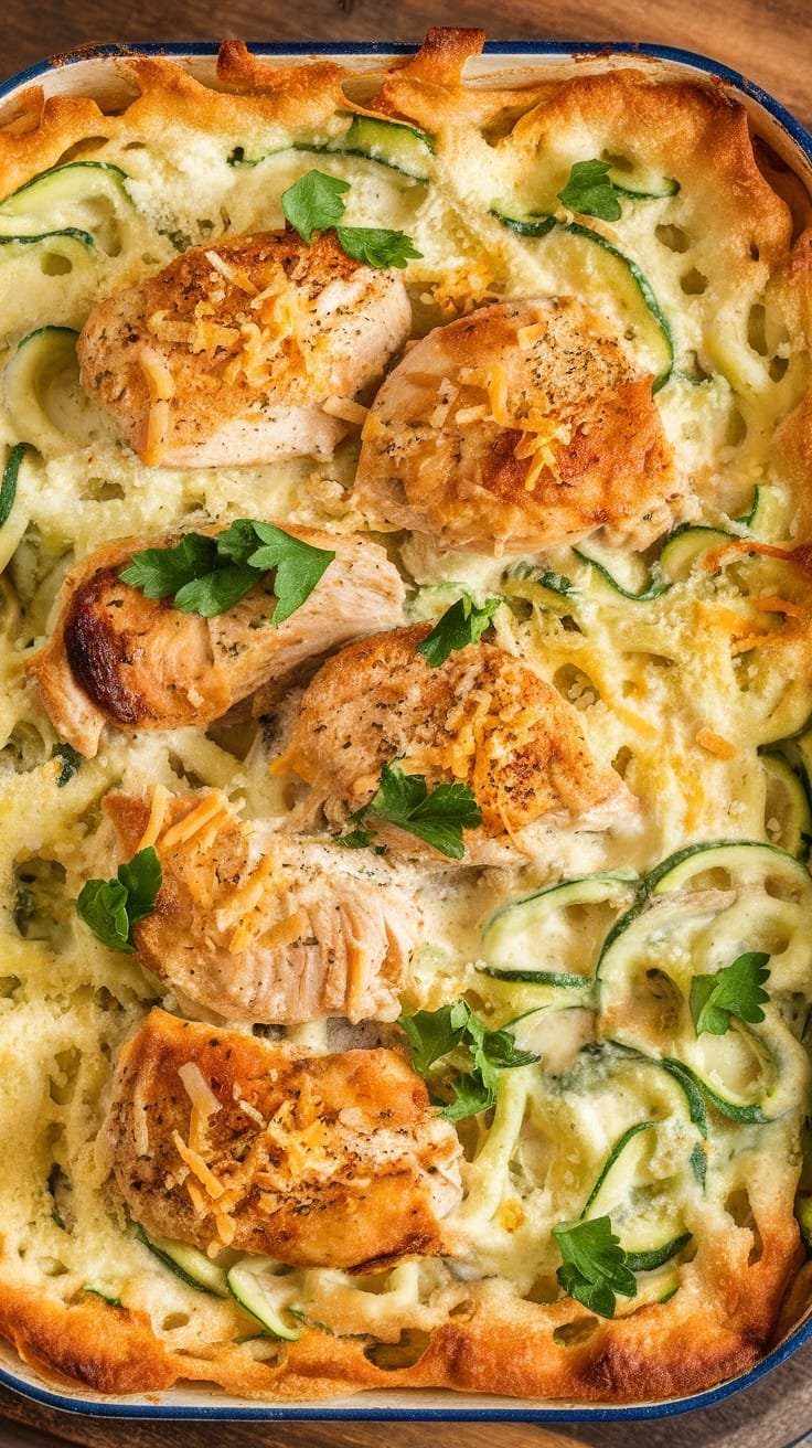 A delicious Chicken Alfredo Zoodle Bake with zucchini noodles and chicken topped with cheese.